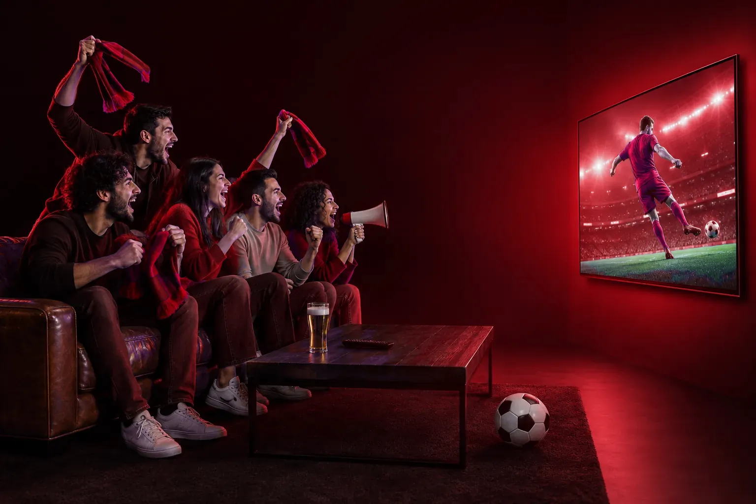 Friends cheering on a sofa while watching a live game on a big TV with IPStream TV IPTV