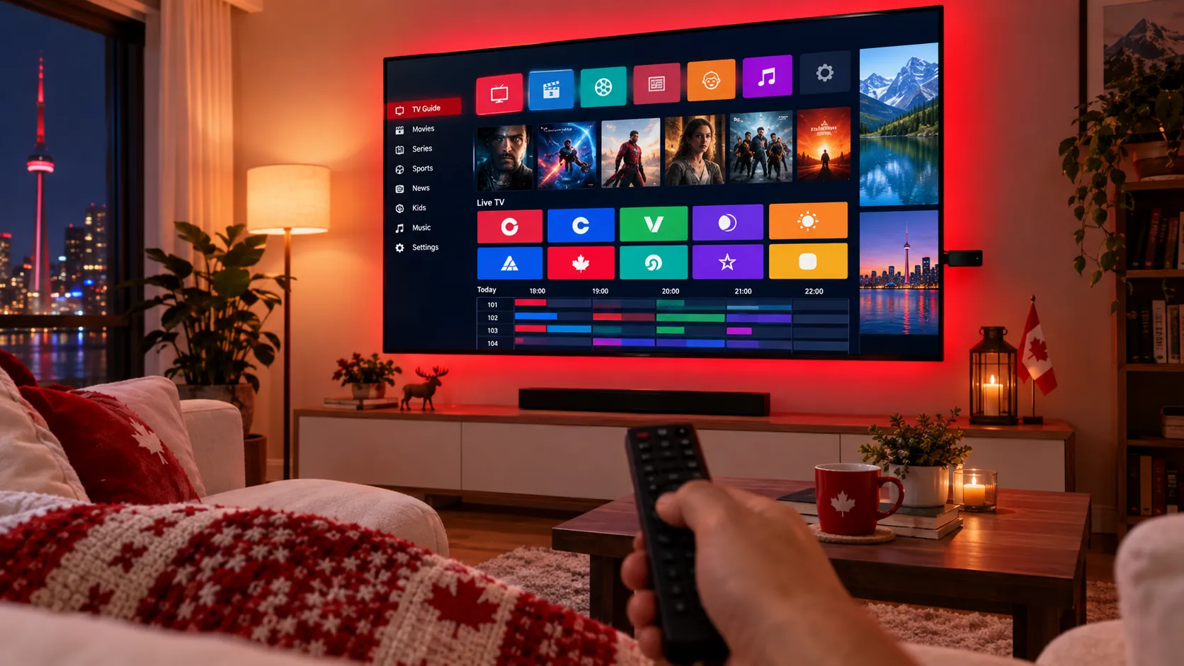 Smart TV showing an IPTV player app with a TV guide in a cozy Canadian living room with a Toronto skyline view – best IPTV player apps 2026
