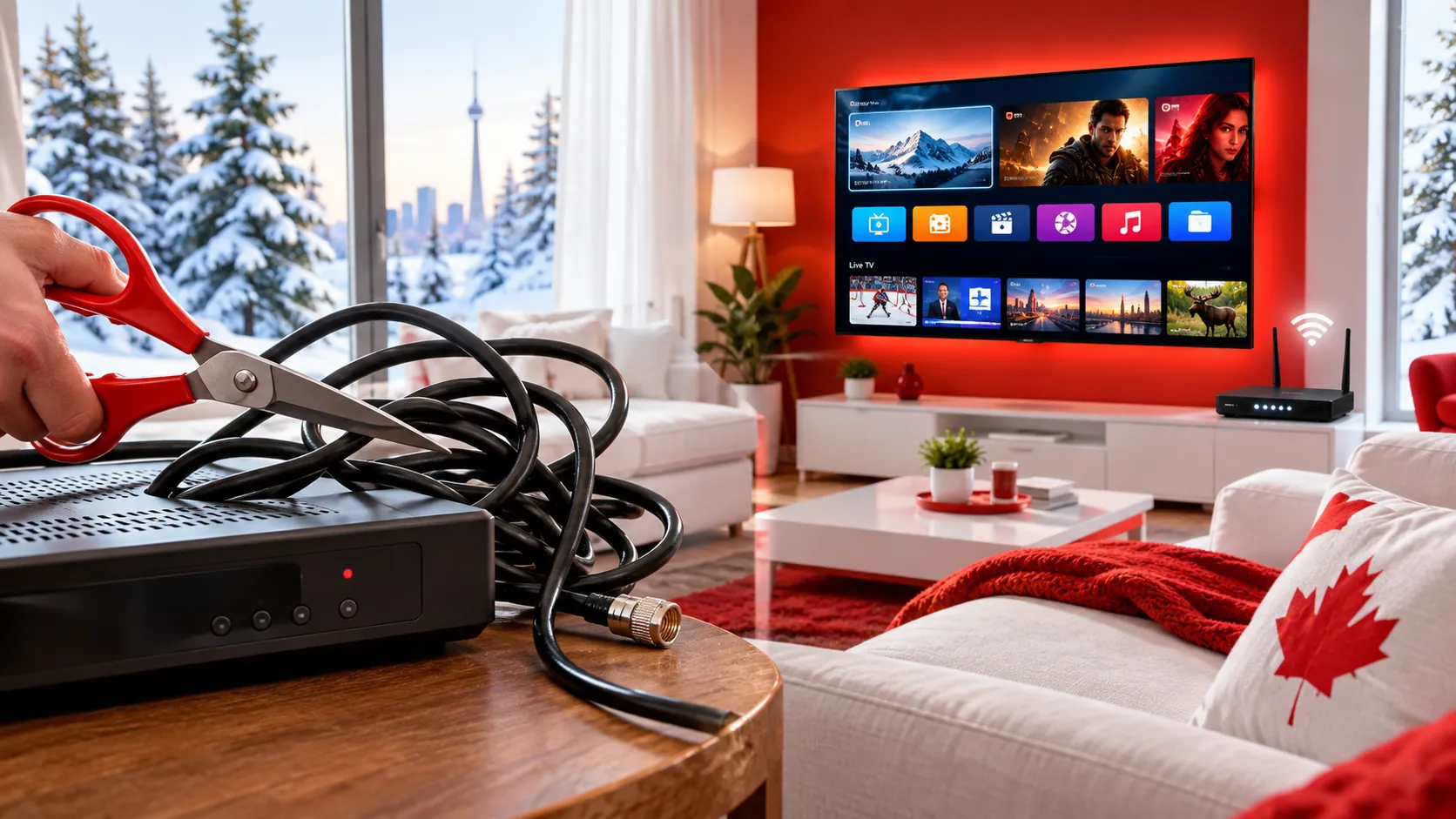 Red scissors cutting a cable TV box cord next to a red and white Canadian living room with a smart TV streaming live TV over Wi-Fi – how to cut the cord in Canada
